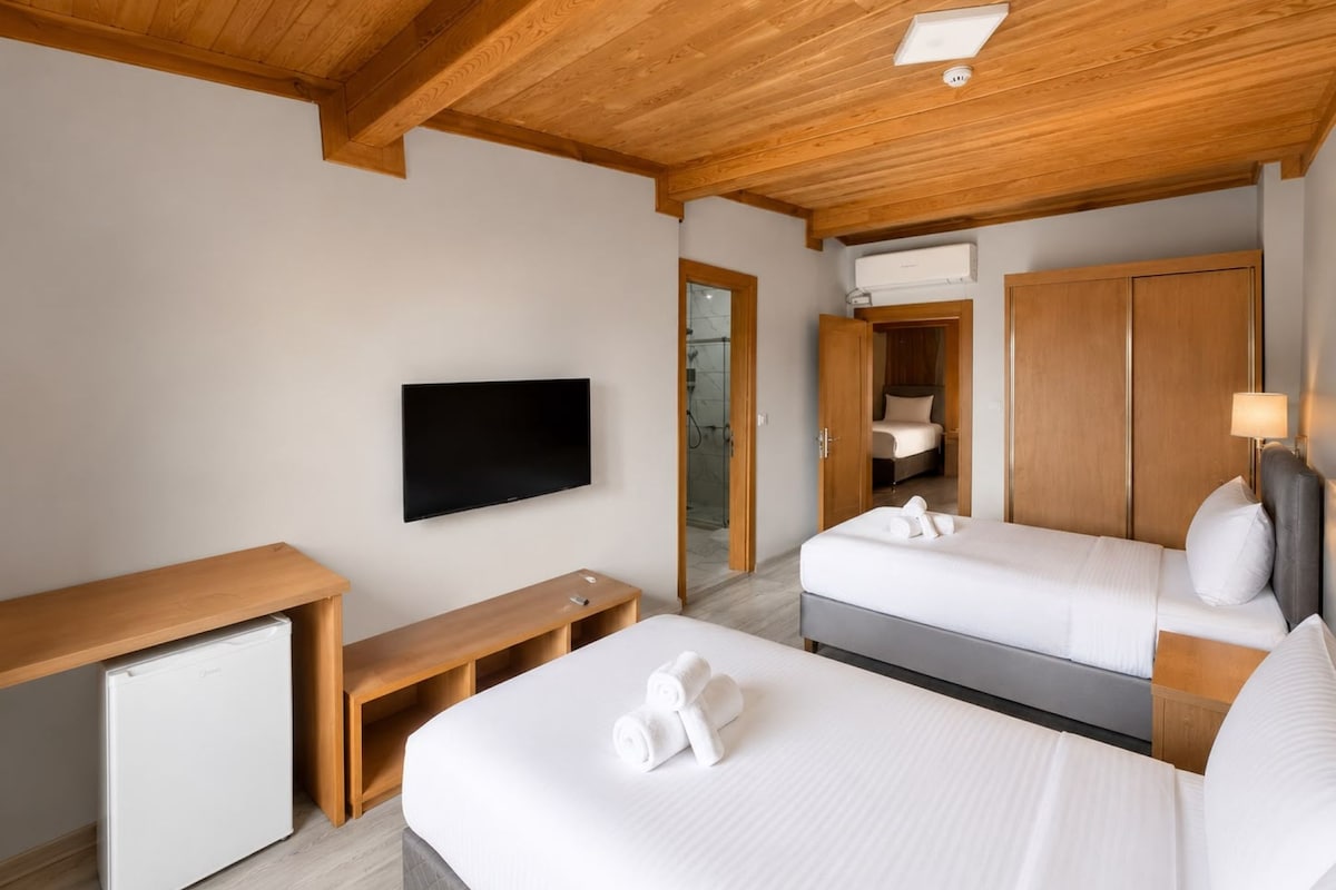 A hotel room with a bed, a desk, a television, and a shower area.