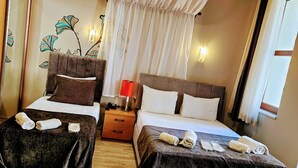 Una camera da letto con due letti, un comodino e un baldacchino.