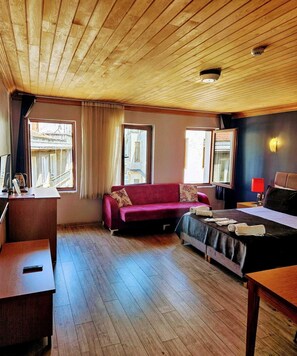 A room with a wooden ceiling, a red sofa, a bed with a dark bedspread, a desk with a remote control, and a window with a view of buildings. - Taxim 34 (Istanbul)