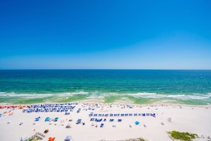 A beach with rows of sun loungers and umbrellas, a clear blue sky, and the ocean. - The Oasis 1602 Formerly Phoenix West Ii 1602 3 Bedroom Condo (Orange Beach)