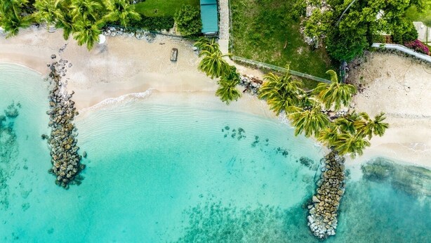 Une vue aérienne d’une plage aux eaux turquoise et limpides, bordée de palmiers et sur laquelle se trouve un petit bâtiment.