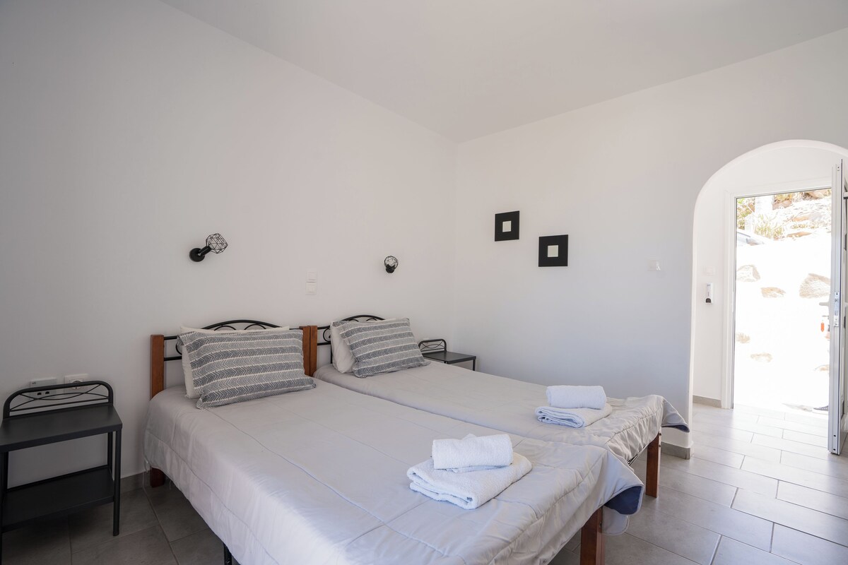 A twin room with two beds, a desk, and a door leading to an outdoor area.