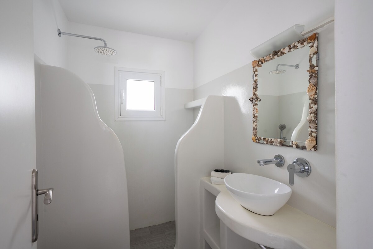 A bathroom with a white sink, a mirror with a seashell frame, and a shower.