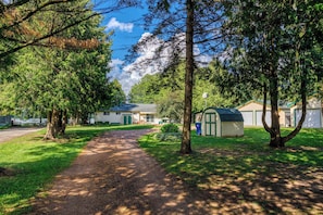 Un sendero que lleva a una casa con puerta verde, rodeada de árboles y un cobertizo pequeño.