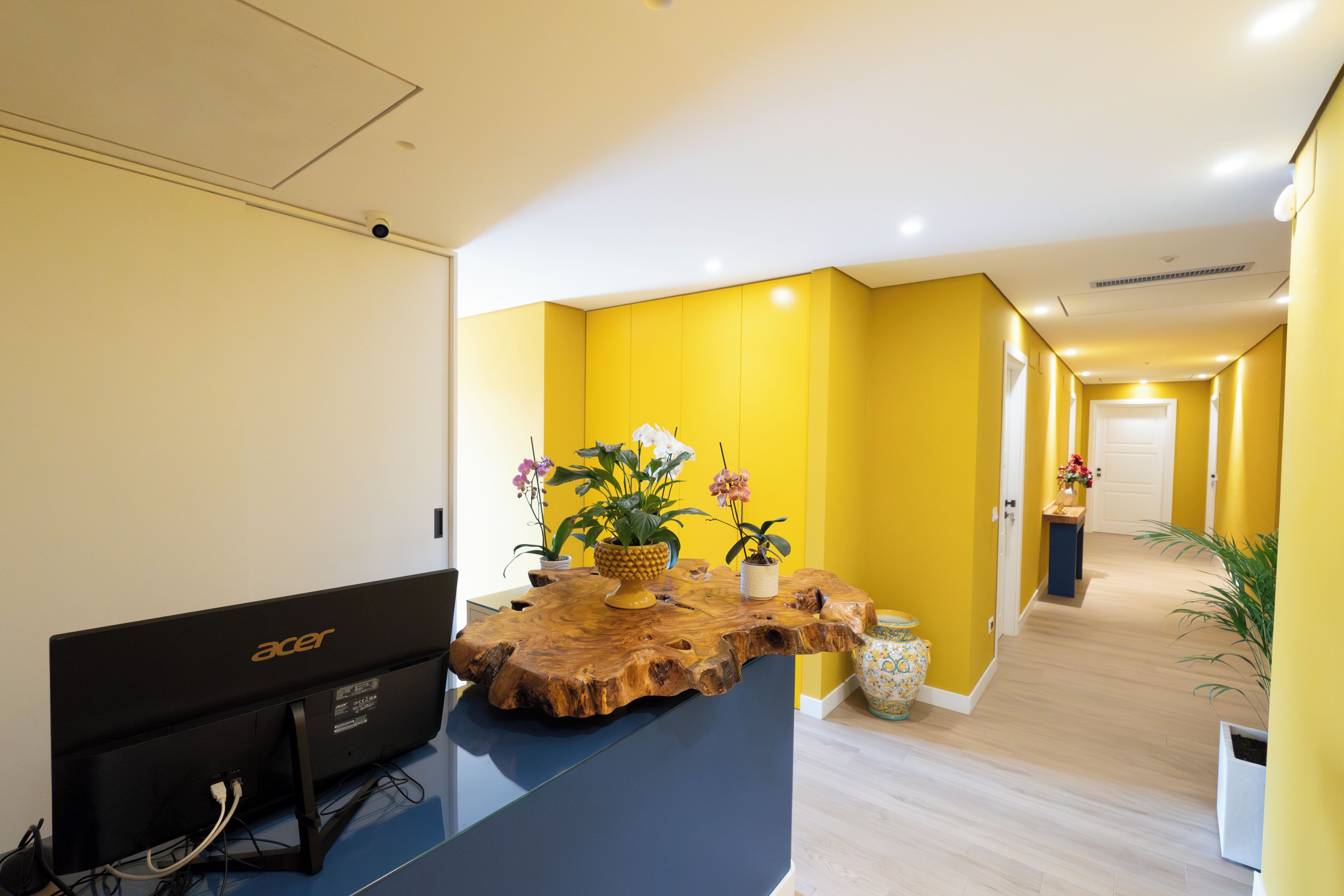Un comptoir d’accueil équipé d’un ordinateur, agrémenté de plantes en pot et d’un élément décoratif en bois.