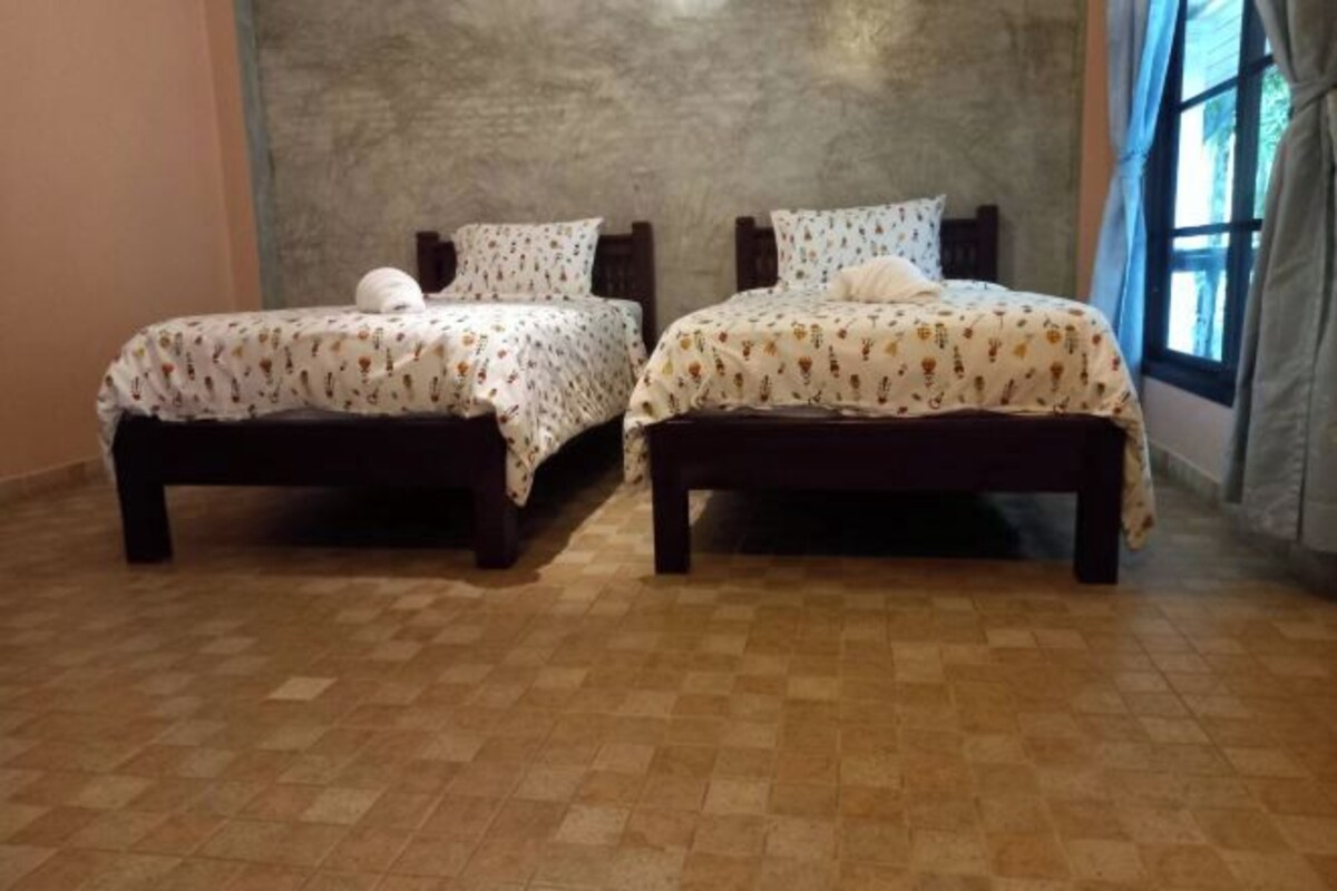 Two single beds with patterned bedding, a checkered floor, and a large window with curtains.