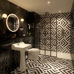 Designer-Toilettenartikel, Haartrockner, Bademäntel, Hausschuhe