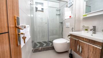 A modern bathroom with a glass shower enclosure, a white toilet, and a wooden vanity with a mirror.