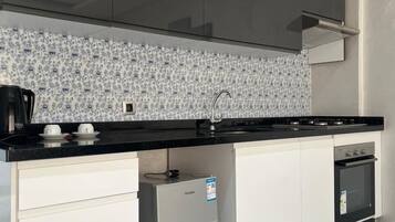 Een minikoelkast, een oven, een kookplaat, een waterkoker