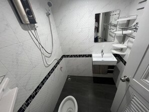 Shower, hair dryer, towels, toilet paper