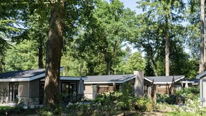 A row of modern cabins with metal roofs, surrounded by dense forest. - Cozy Chalet 20 km From Utrecht (Maarn)
