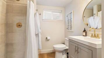 A modern bathroom with a shower, toilet, and vanity.