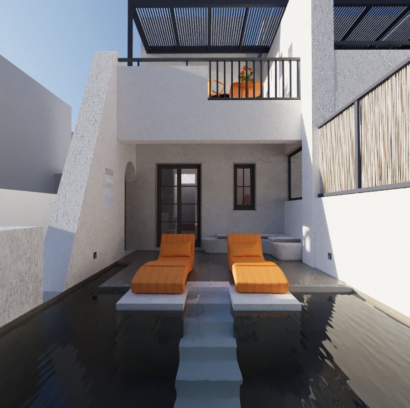 Un área de piscina moderna al aire libre con dos sillas de descanso y un pequeño balcón con una planta en maceta.