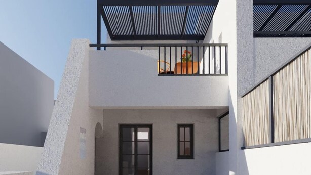 A modern outdoor pool area with two lounge chairs and a small balcony with a potted plant. - Mr & Mrs White Paros Suites & More (Paros)
