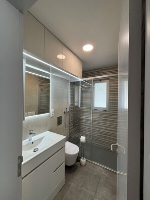 Shower, hair dryer, towels, soap