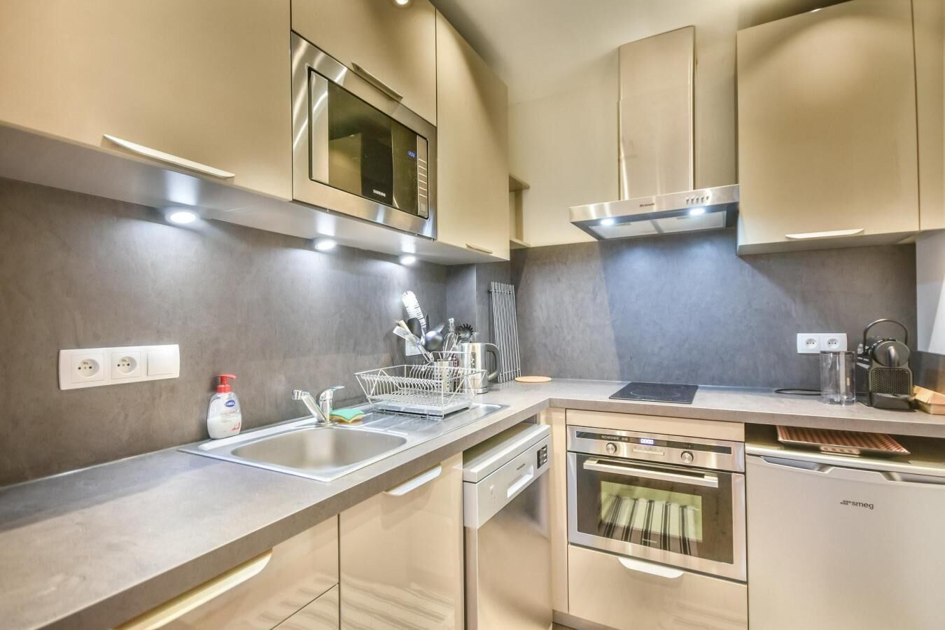 Fridge, microwave, oven, dishwasher