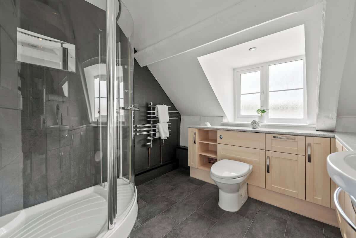 Shower, hair dryer, shampoo