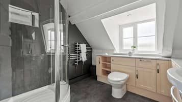 Shower, hair dryer, shampoo