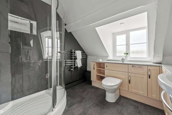 Shower, hair dryer, shampoo