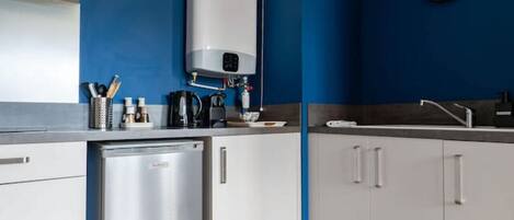 Fridge, microwave, oven, coffee/tea maker