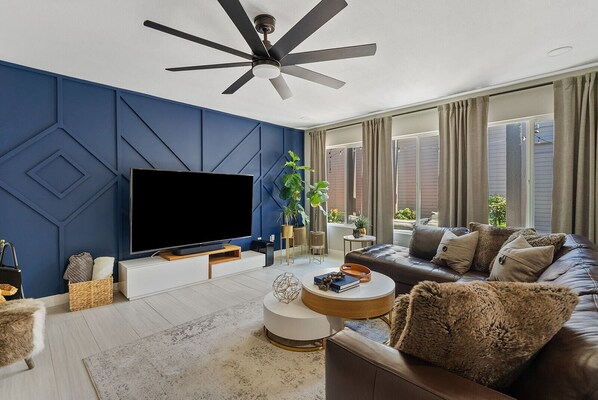 Smart TV, fireplace, computer monitors, printers