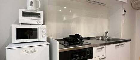 Fridge, microwave, electric kettle, cookware/dishes/utensils