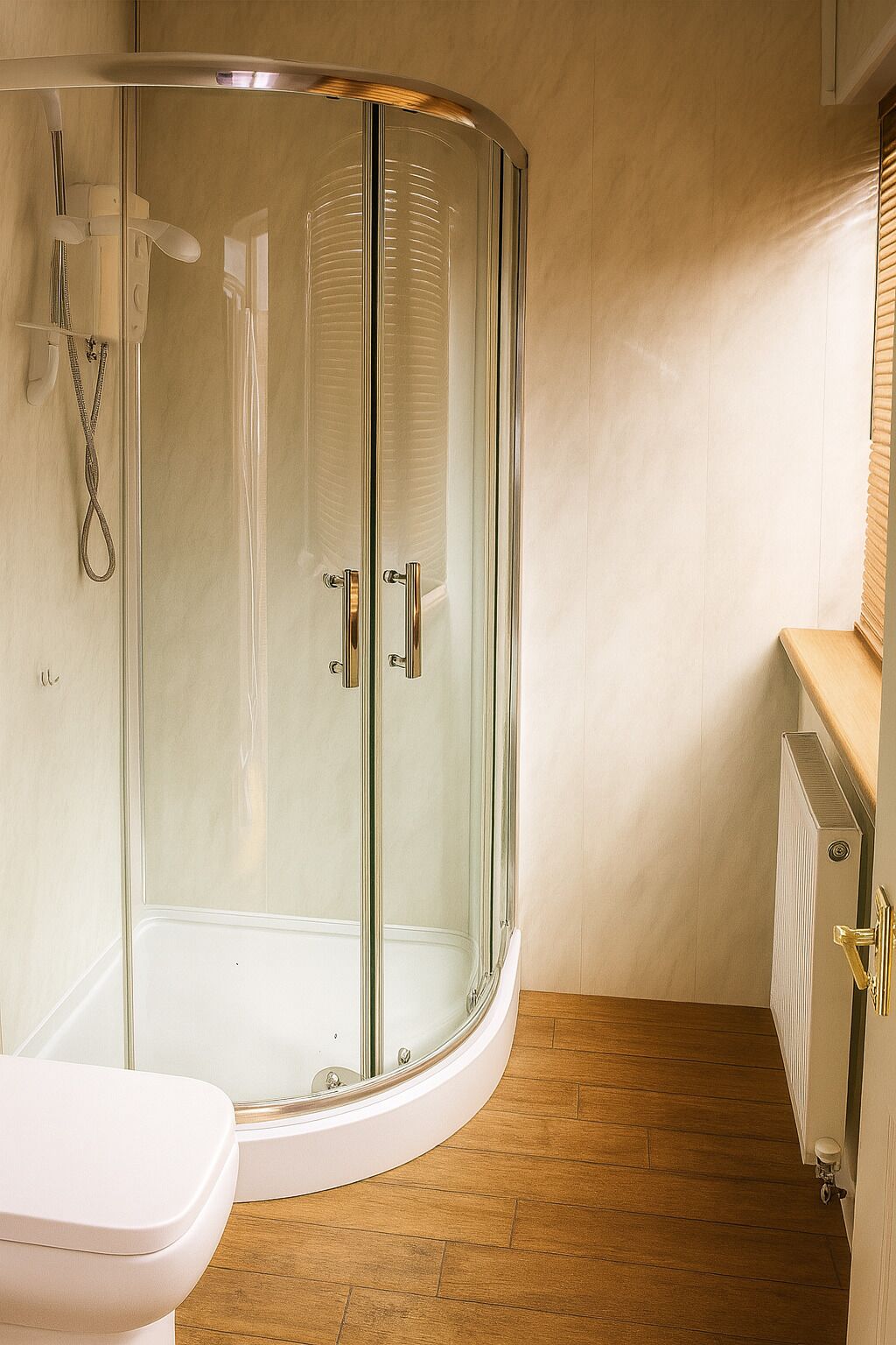 Shower, rainfall showerhead, designer toiletries, hair dryer