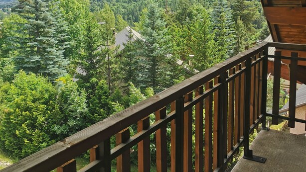Un balcone con ringhiera in legno affaccia su un paesaggio montuoso con fitte foreste e un piccolo edificio.