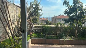 A courtyard with a stone wall, a metal gate, and a view of houses in the background.
