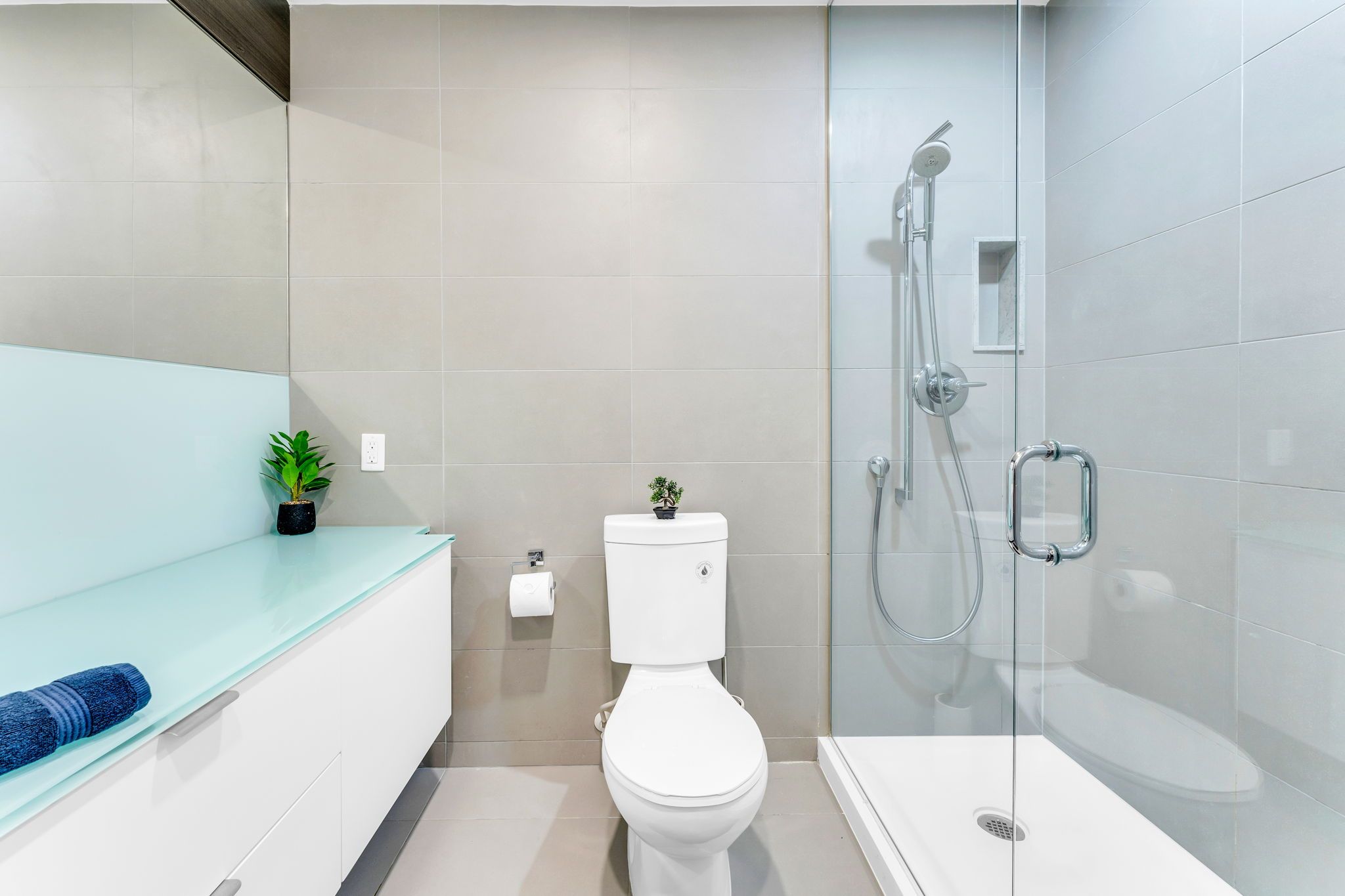 A modern bathroom with a toilet, a shower, and a glass-enclosed shower area.