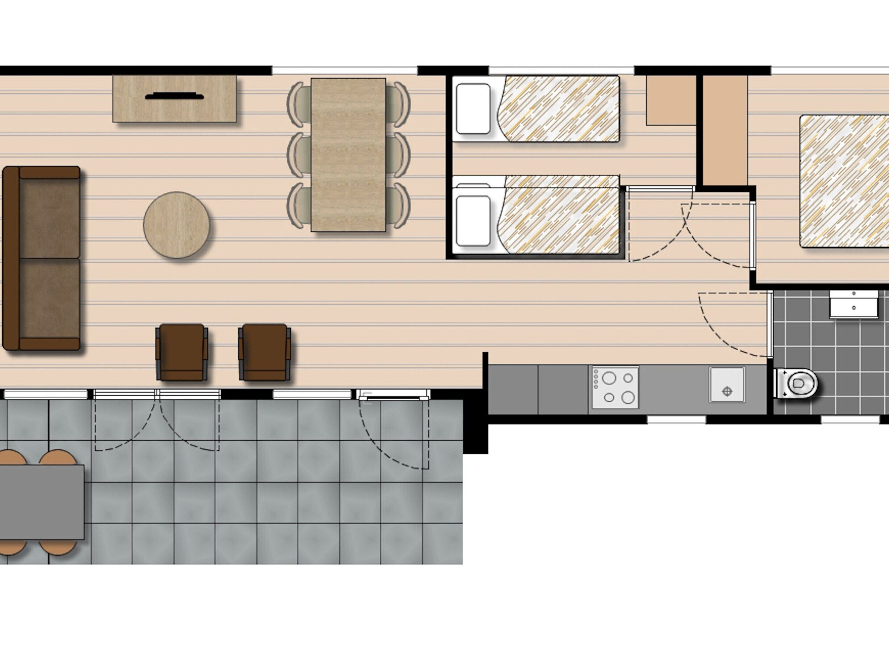 Plano de planta de una habitación de hotel con cama, escritorio, silla, mesita y baño.