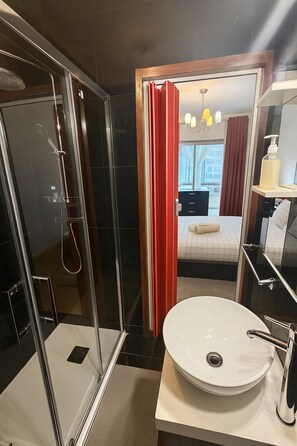 Regadera, secadora de cabello, bidet, toallas 