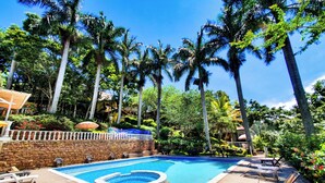 A swimming pool surrounded by palm trees and a stone wall. - Classic Doble (Santander)