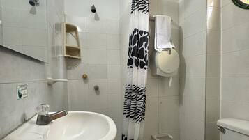 Chuveiro, toalhas de banho, sabonete, papel higiênico