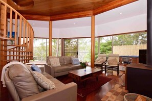 TV, fireplace, books, stereo