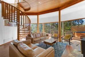 TV, fireplace, books, stereo