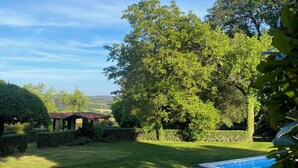 A well-maintained garden with a swimming pool, a gazebo, and a large tree. - A Painza Aldea Rural  (Arzua)