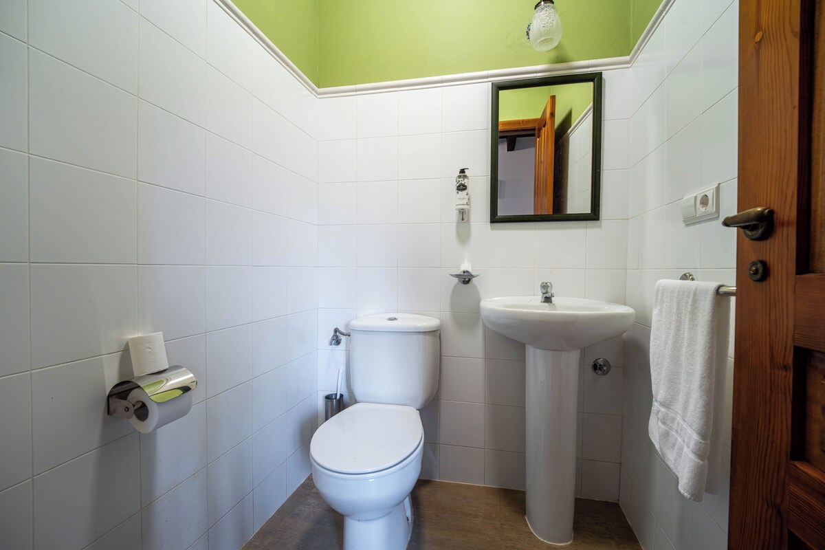 A bathroom with a toilet, sink, and mirror.