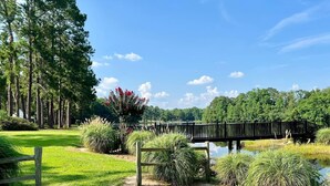 A wooden bridge over a calm lake, surrounded by lush greenery and trees. - House Family Ensuite Pool View-DeMott House (Hartsfield)