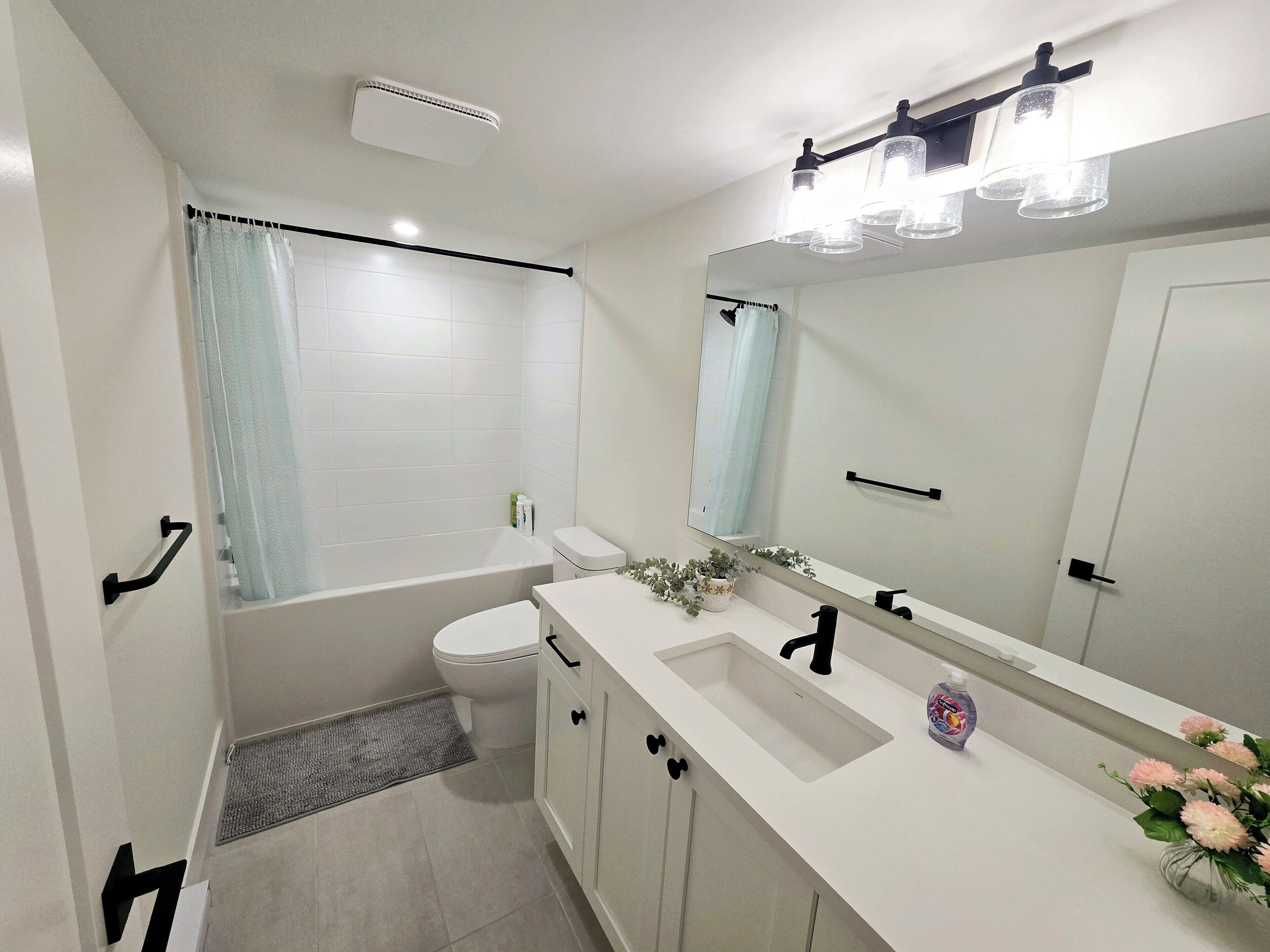 Hair dryer, towels, soap, shampoo