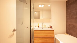 Shower, hair dryer, towels