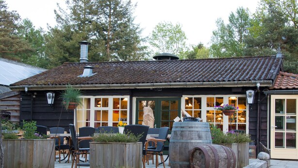 A rustic building with a tiled roof, large windows, and outdoor seating with wicker chairs and planters. - Cozy Chalet Near a National Park (Ruinen)