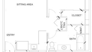A floor plan with a patio area, sitting area, entry, bedroom, closet, hall, linen, and bath. - Beautiful Cottage, hot tub, in great neighborhood (San Francisco)
