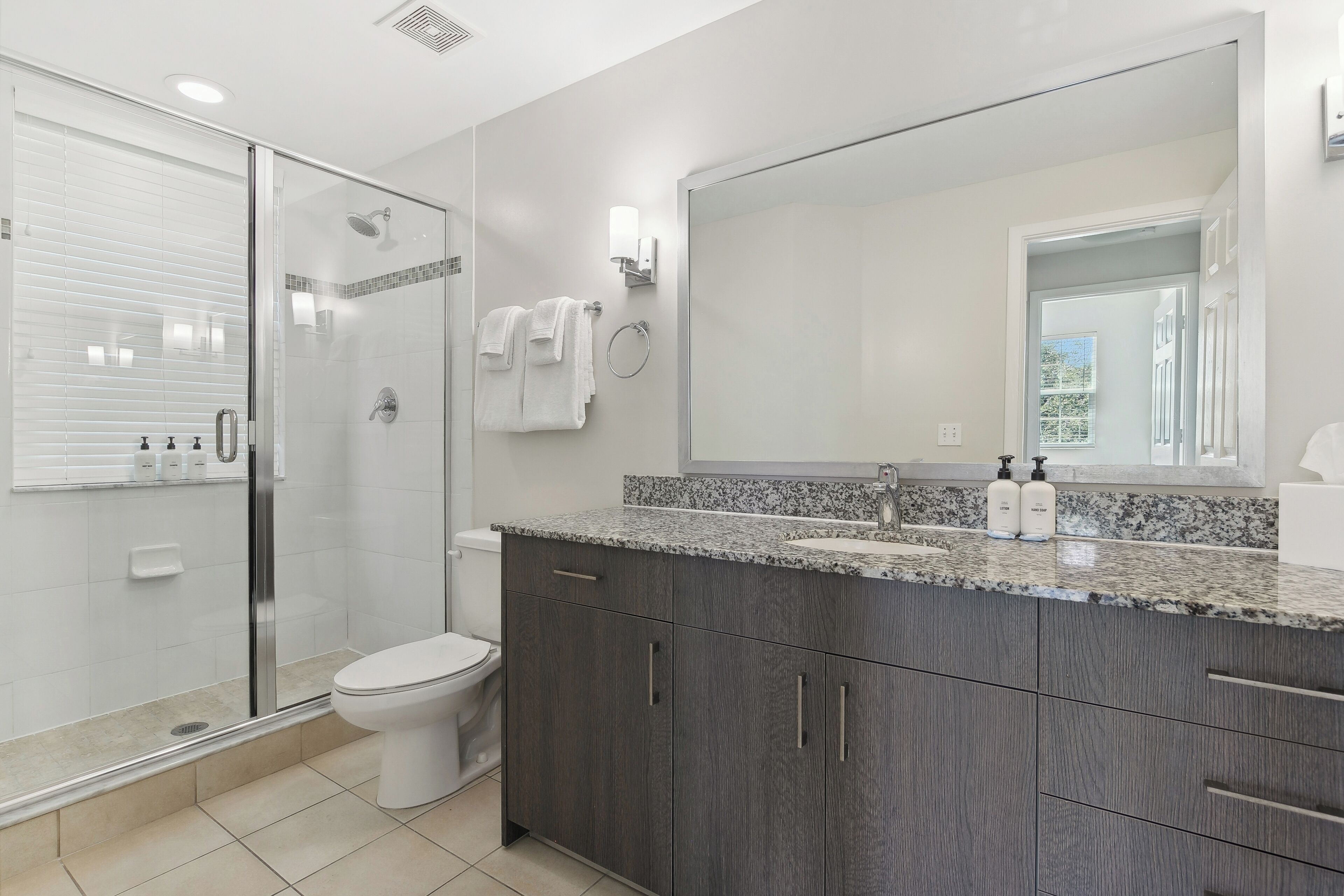 A modern bathroom with a glass shower enclosure, a toilet, and a large mirror above a granite countertop.