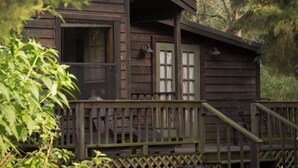 A rustic cabin with a wooden deck, a green door, and a window with shutters.