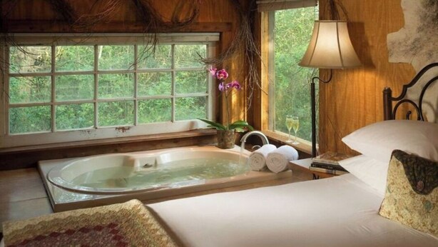 A bedroom with a large bathtub, a window with a view of greenery, a bedside lamp, and a bed with pillows.
