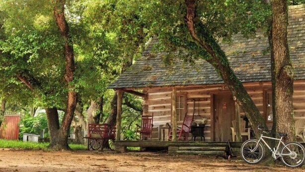 A rustic log cabin with a porch, surrounded by trees. - 1800-style cedar Log Cabin on Blisswood Ranch with many optional activities! (Cat Spring)