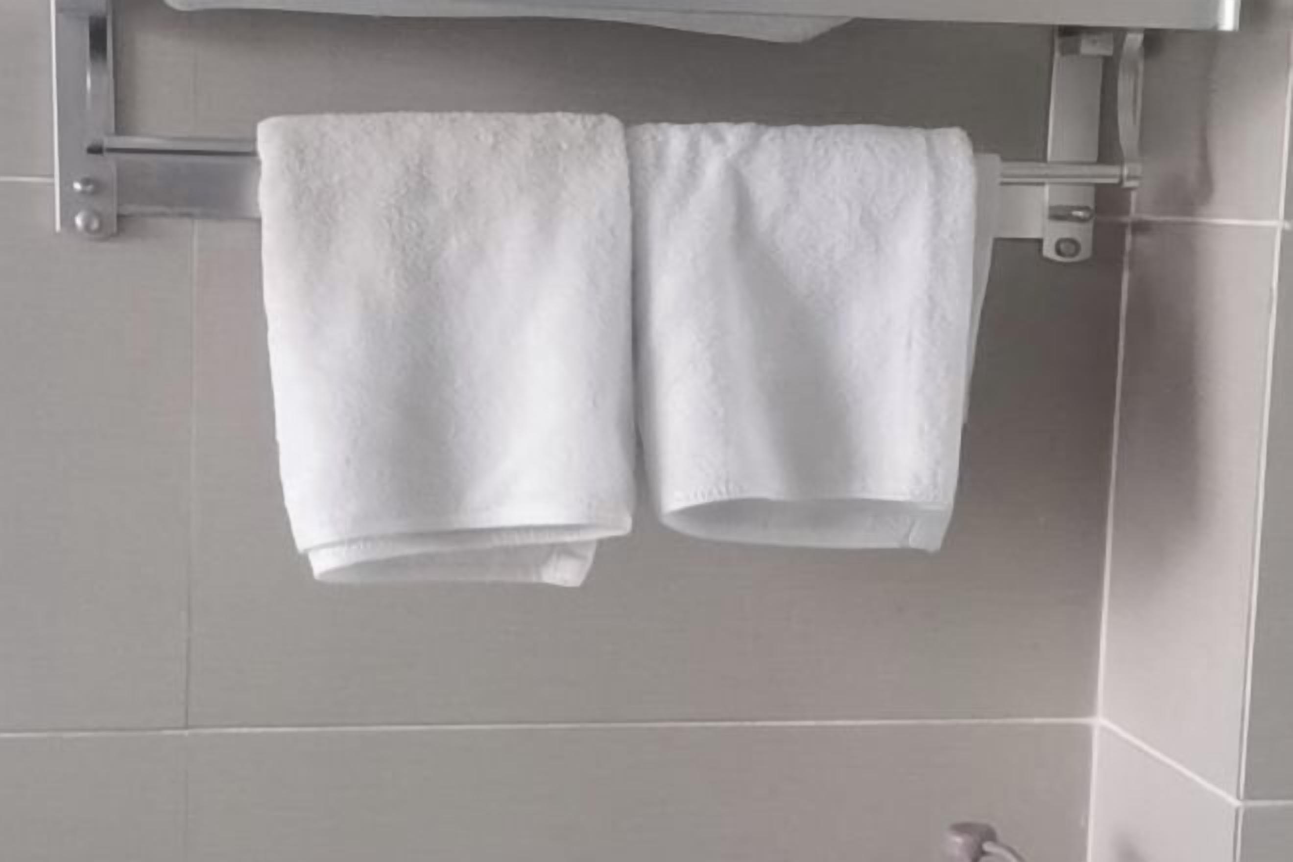 Ein Badezimmer mit einem Handtuchhalter, der zwei weiße Handtücher trägt.
