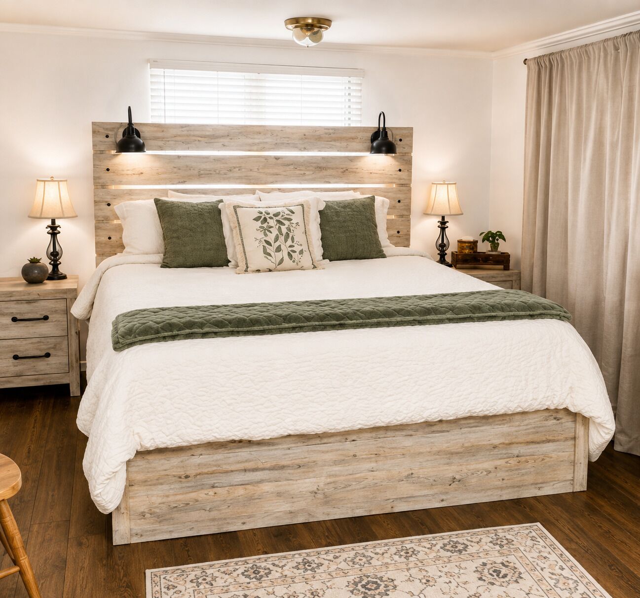 A bedroom with a wooden headboard, a white bedspread, two bedside lamps, and a nightstand with a lamp.