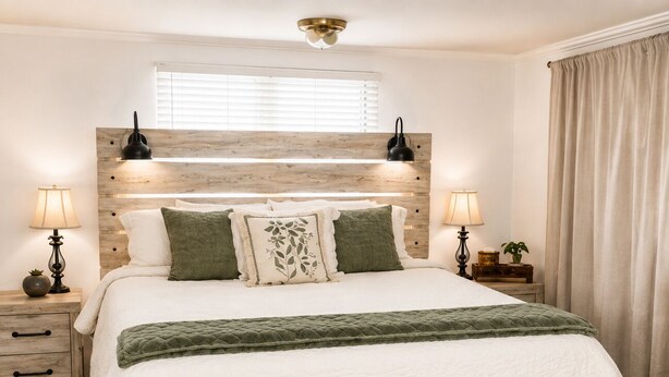 Een slaapkamer met een houten hoofdbord, een wit beddegoed, twee bedlampen en een nachtkastje met een lamp.